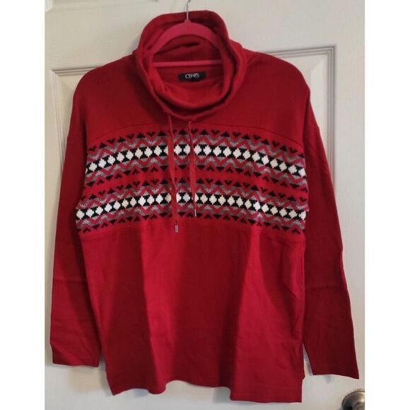 Chaps Women's Red Knit Cowl‎ Neck Sweater Tunic Sz M Fair Isle Pattern Pullover - Picture 1 of 9